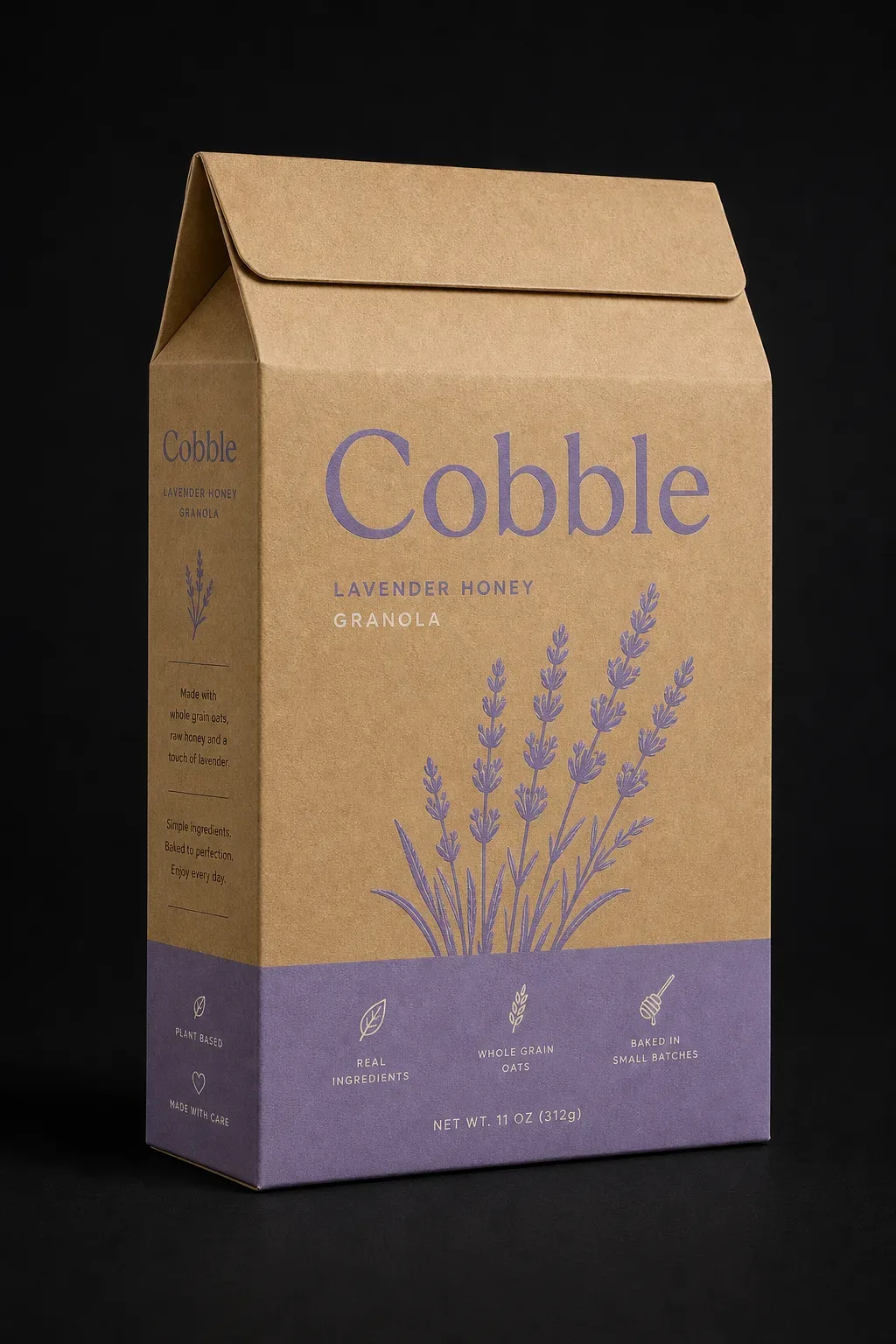 Auto bottom cereal carton lit on a dark studio background