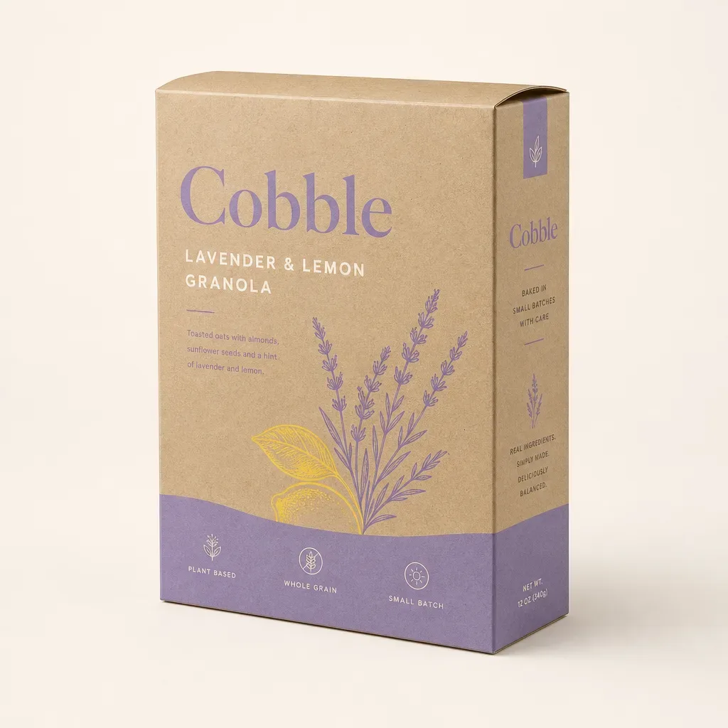 Auto lock bottom cereal boxes — kraft granola carton, three-quarter view