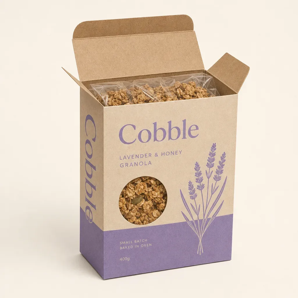 Open tuck top on an auto-lock cereal carton with inner bag of granola