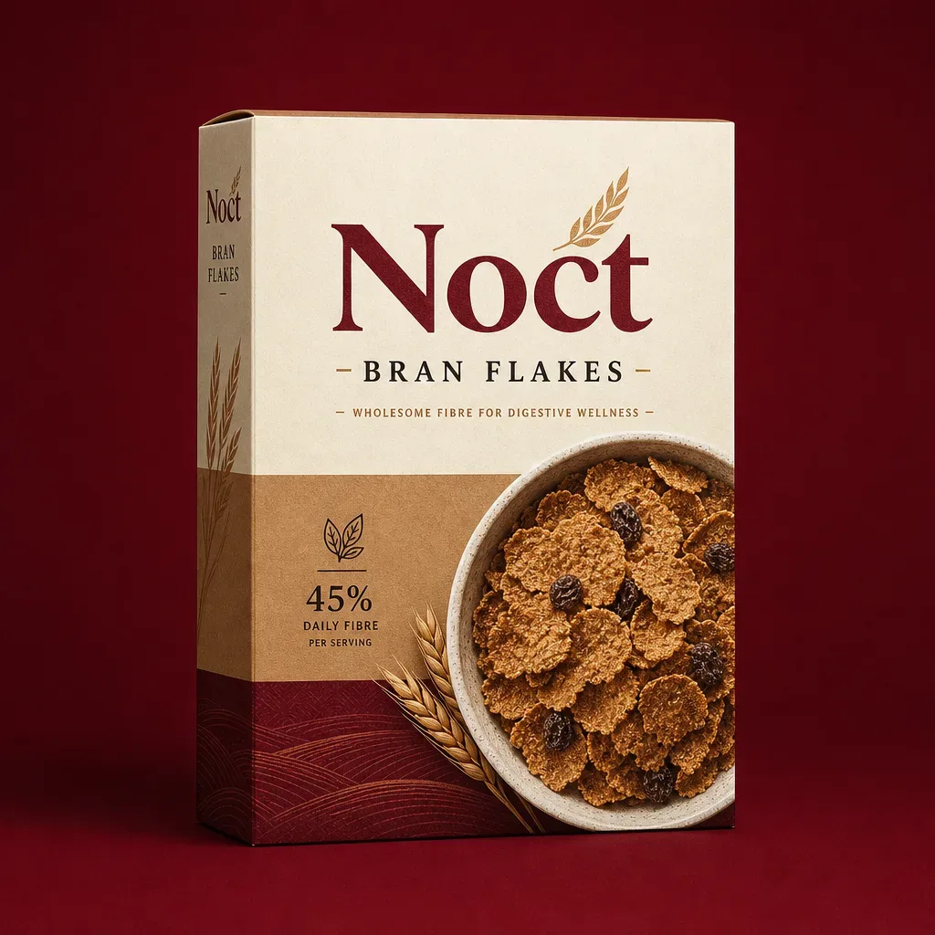 Bran cereal carton on a deep burgundy background
