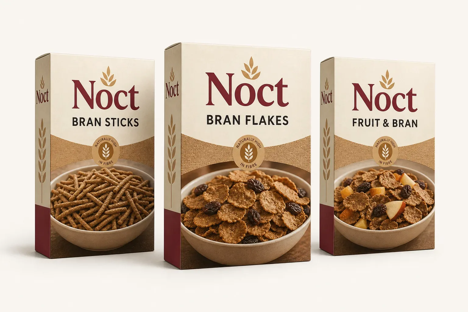 Bran cereal boxes — bran flakes carton beside a bran sticks carton and a fruit-and-bran carton
