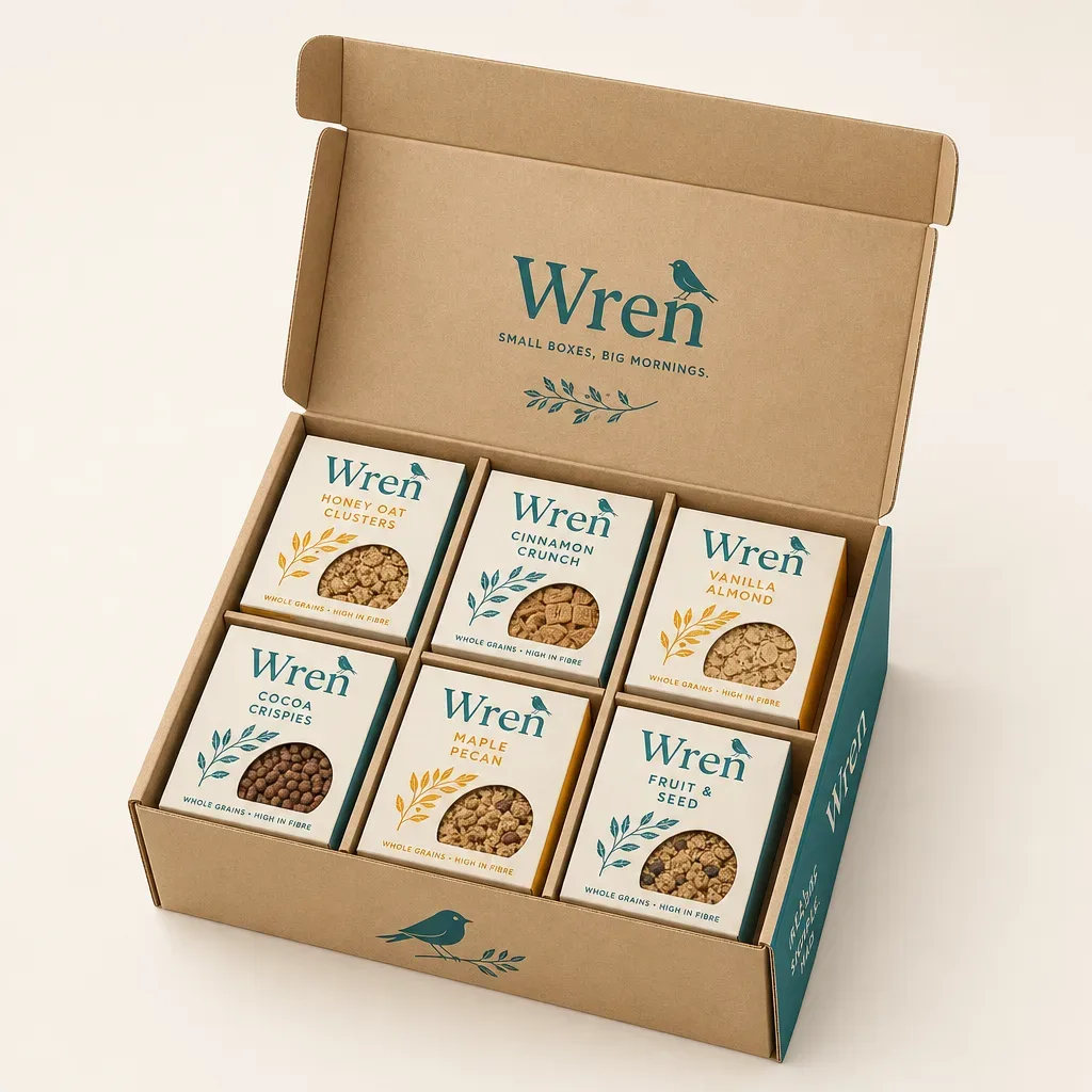 Cereal box inserts — partition holding six mini cereal cartons, three-quarter view