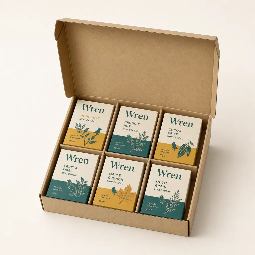 Partition walls between mini cereal cartons, side view