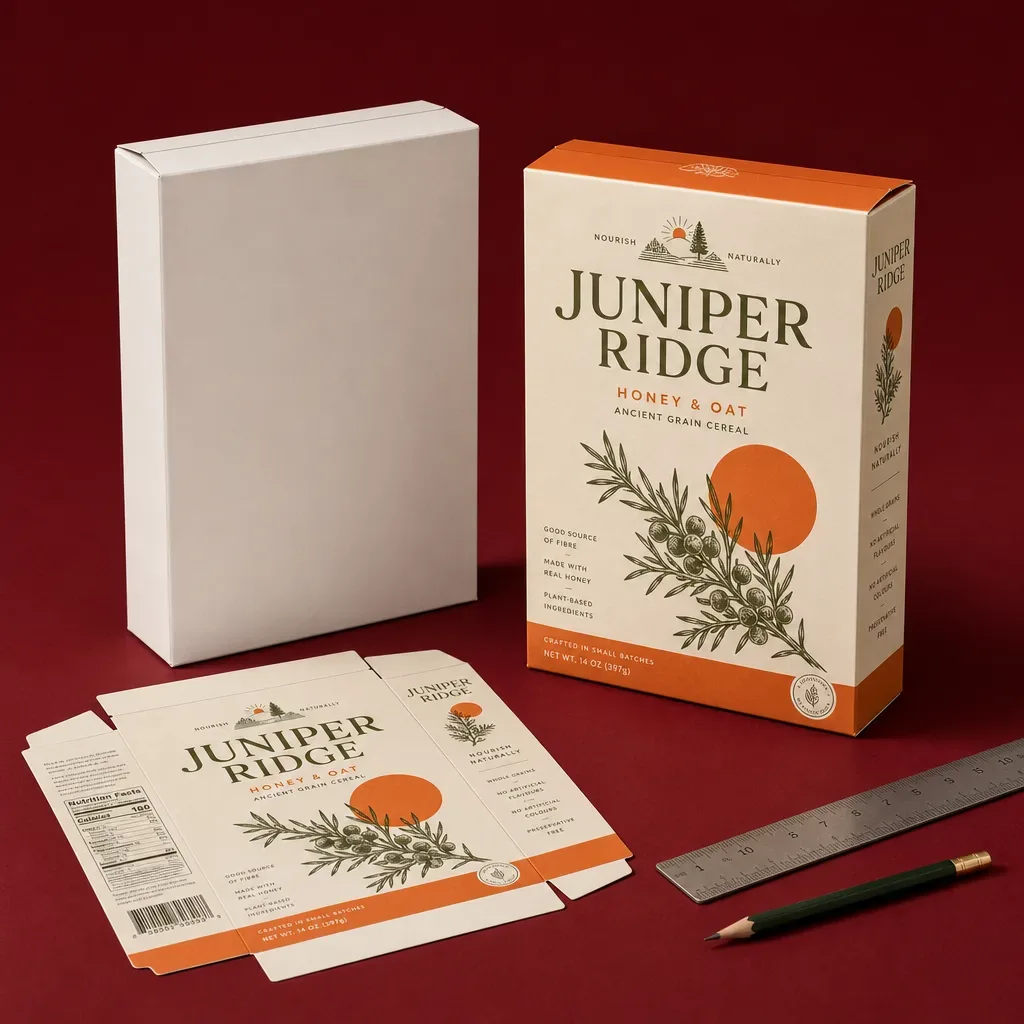 Printed cereal carton prototype beside a white sample on a deep burgundy background