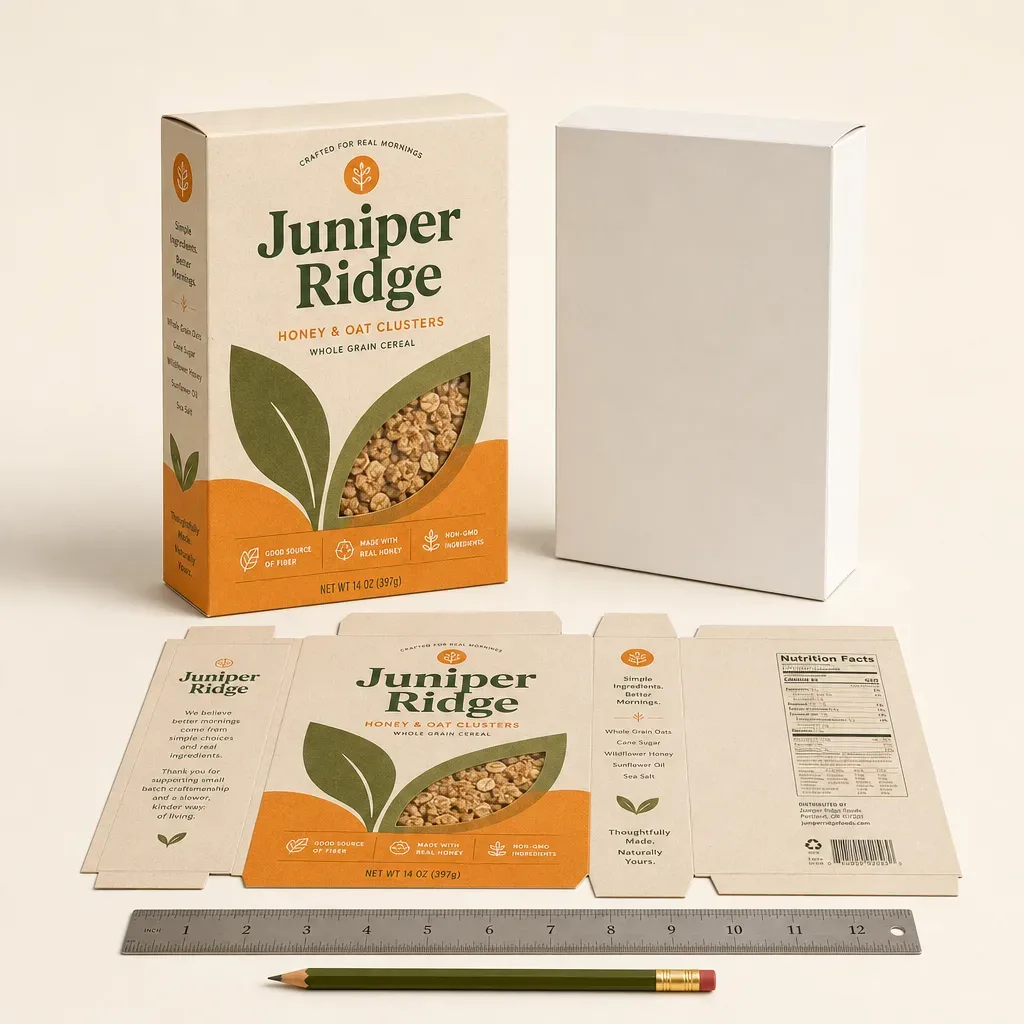 Cereal box prototype beside a plain white structural sample, three-quarter view