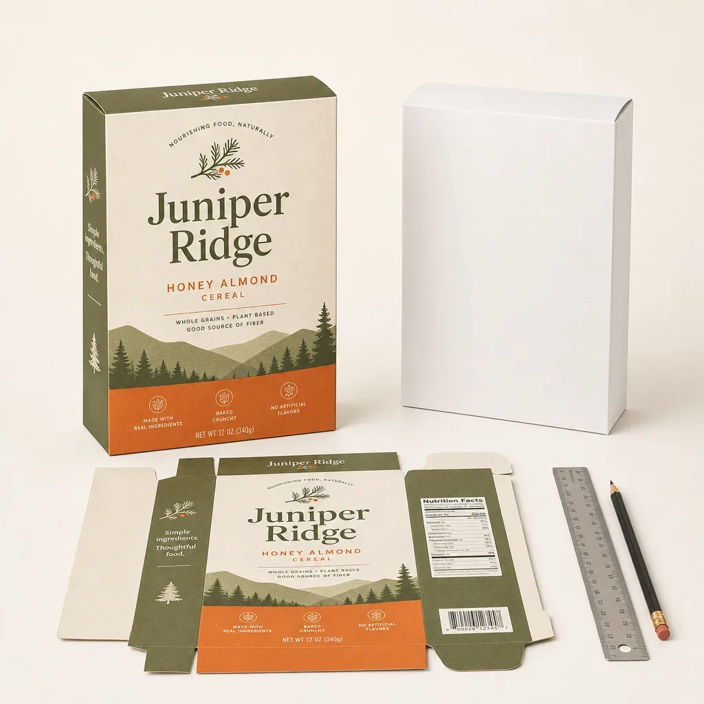 Front of a printed cereal box prototype