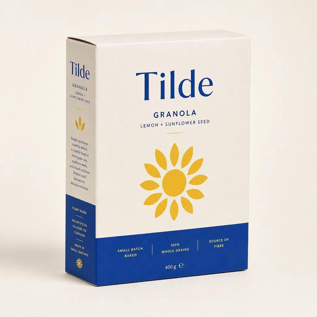 Cereal sleeve boxes — printed sleeve over a kraft tray, three-quarter view