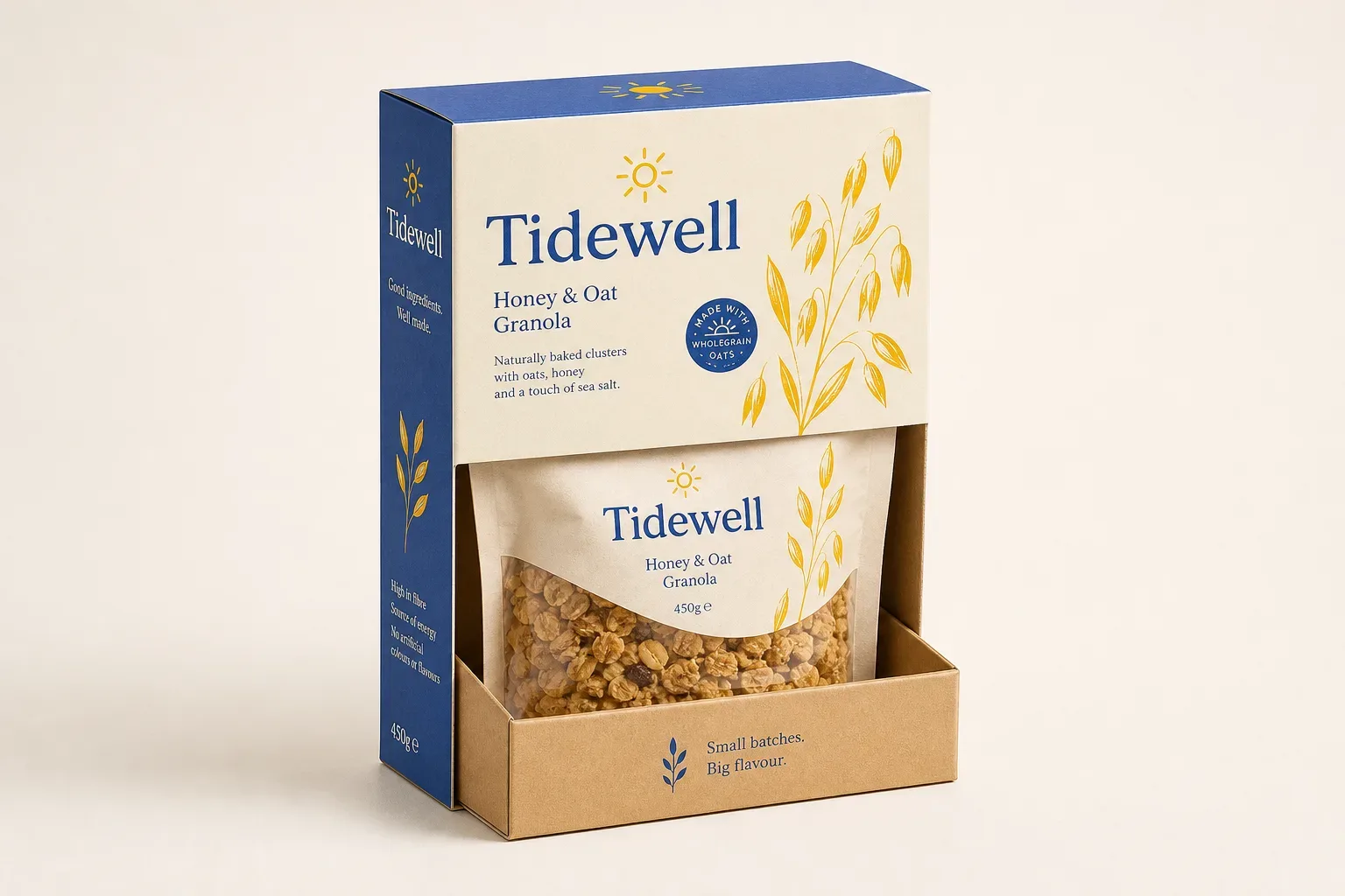 Granola pouch in a tray with a printed sleeve