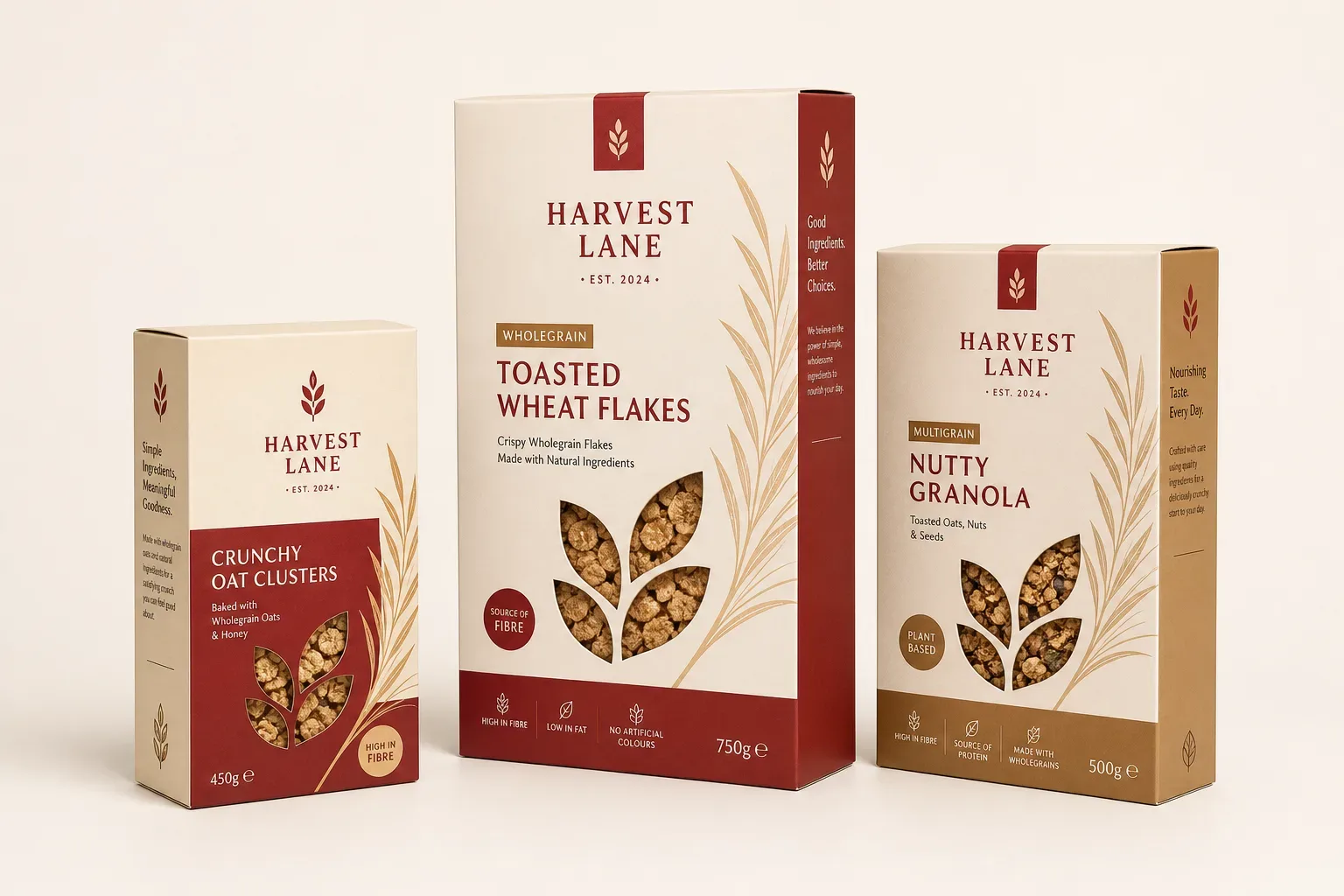 Custom cereal boxes in three formats grouped together