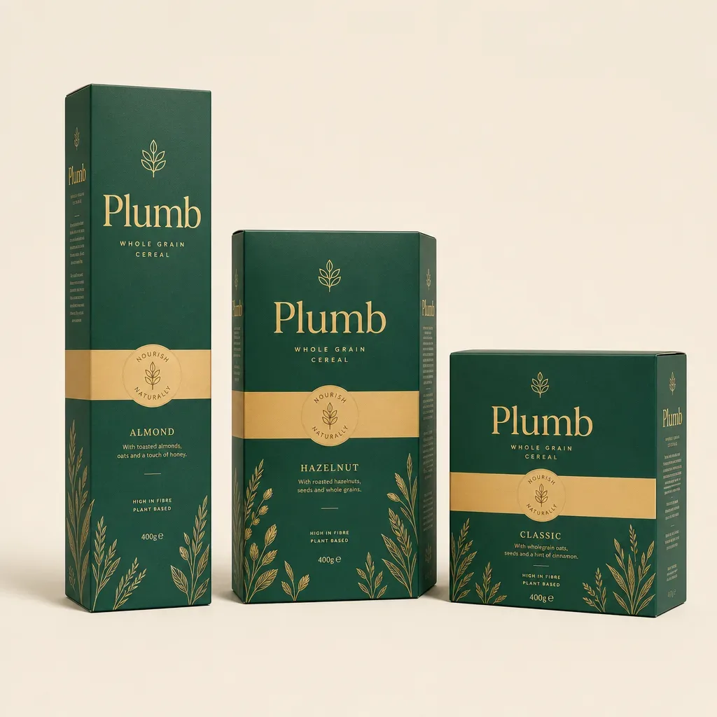 Tall, standard and wide cereal cartons on a deep burgundy background