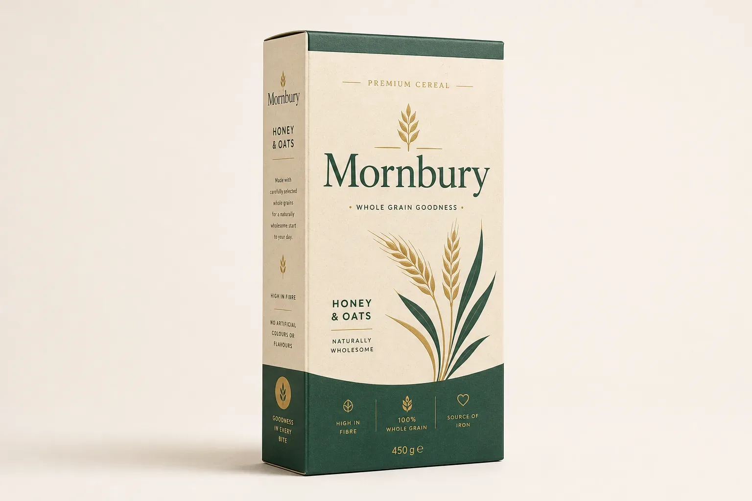 Tall cereal box, three-quarter view