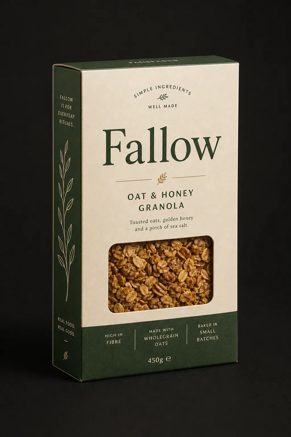 Window cereal carton lit on a dark studio background