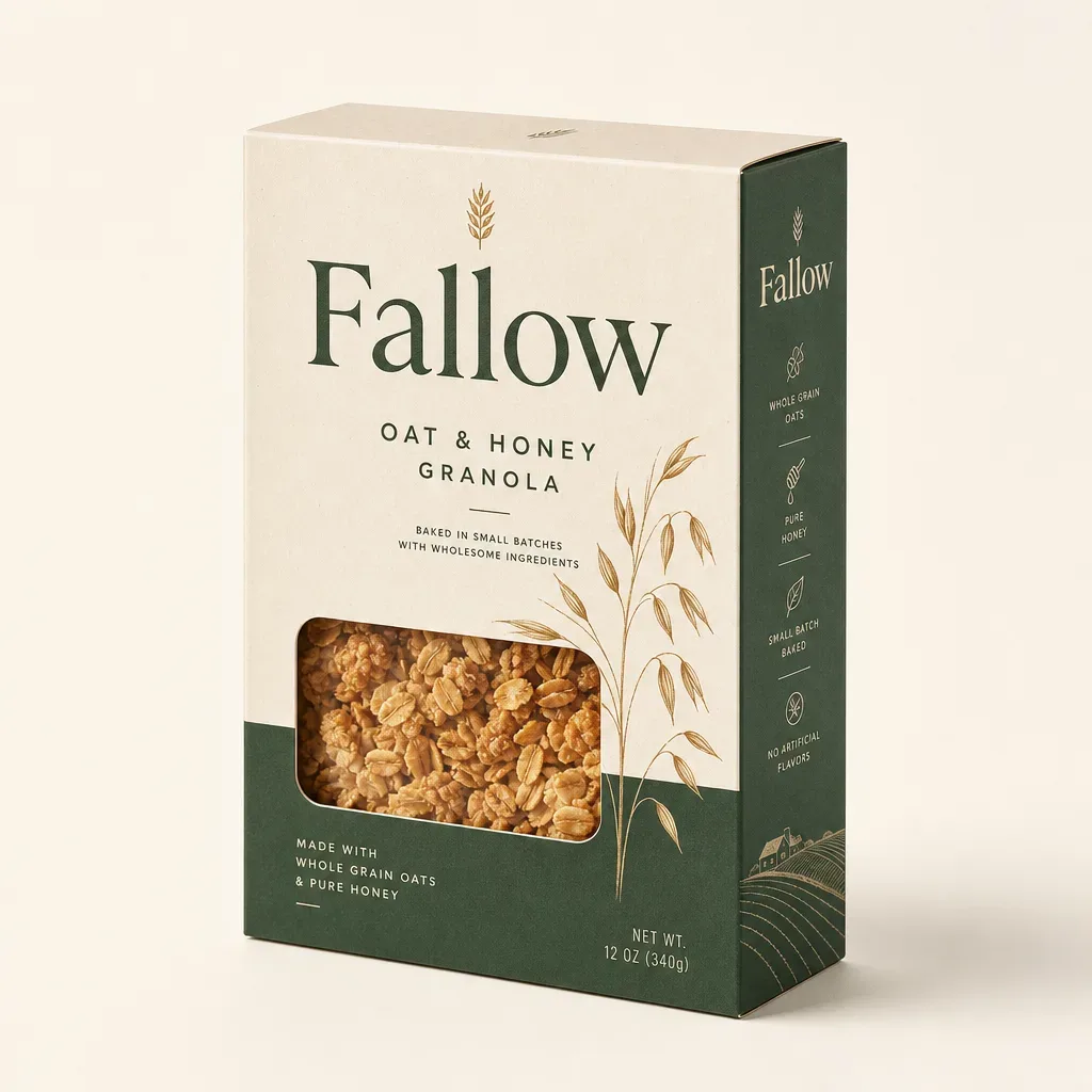 Custom window cereal boxes — white carton with a die-cut window showing granola, three-quarter view