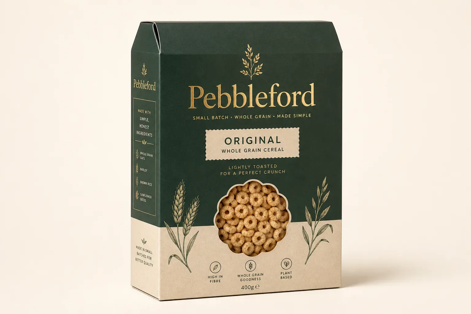Dark premium cereal carton with foil and a shaped window