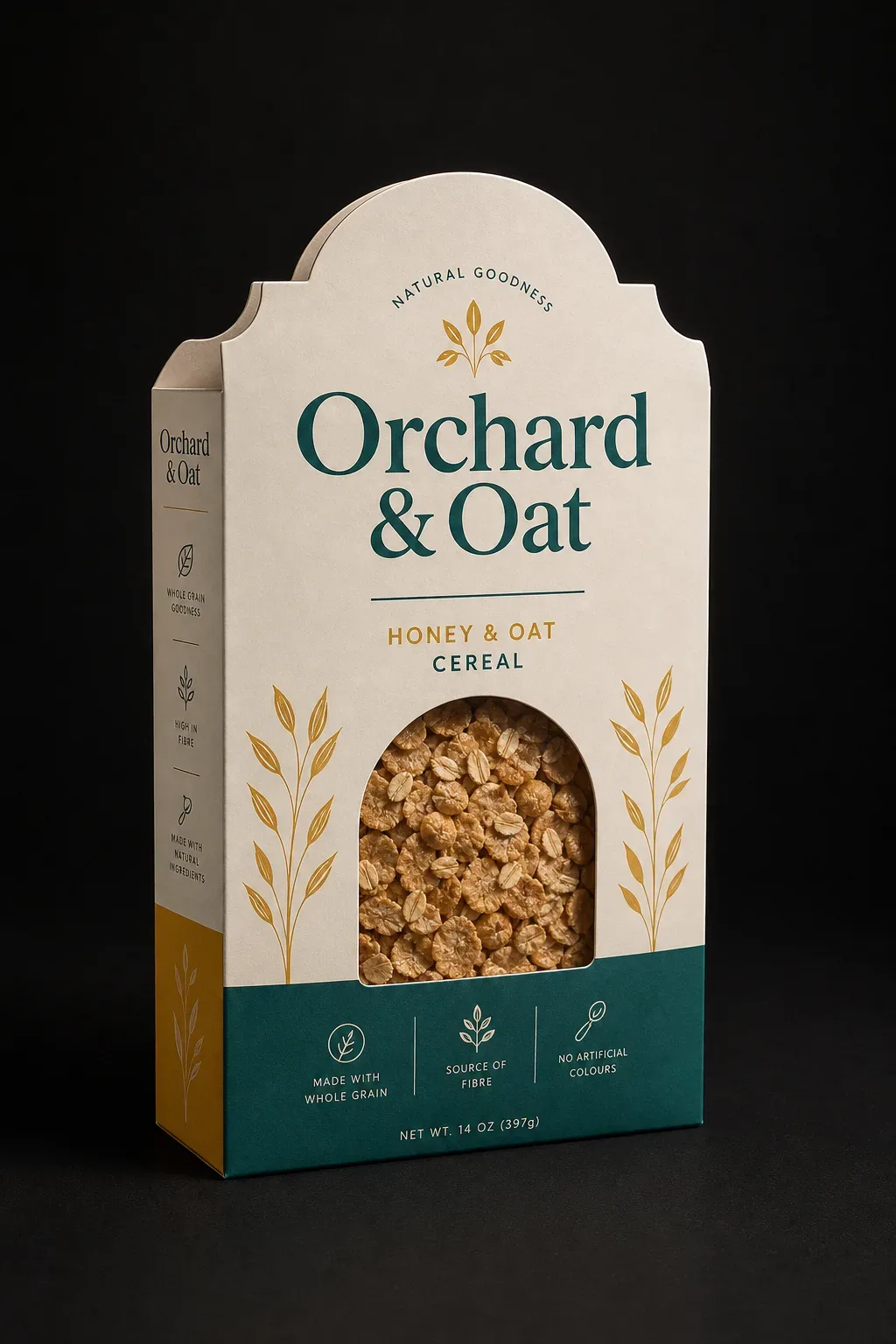 Shaped cereal carton lit on a dark studio background