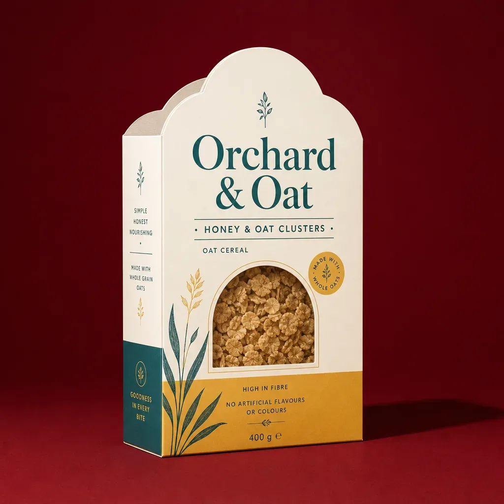 Die-cut cereal carton with an arched top on a deep burgundy background