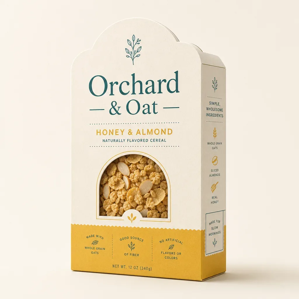 Die cut cereal boxes — carton with arched top and shaped window, three-quarter view