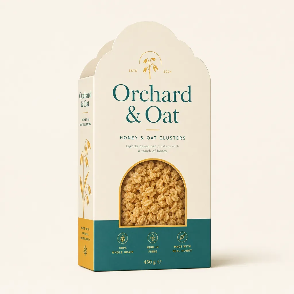 Close-up of a curved die-cut edge on a cereal carton