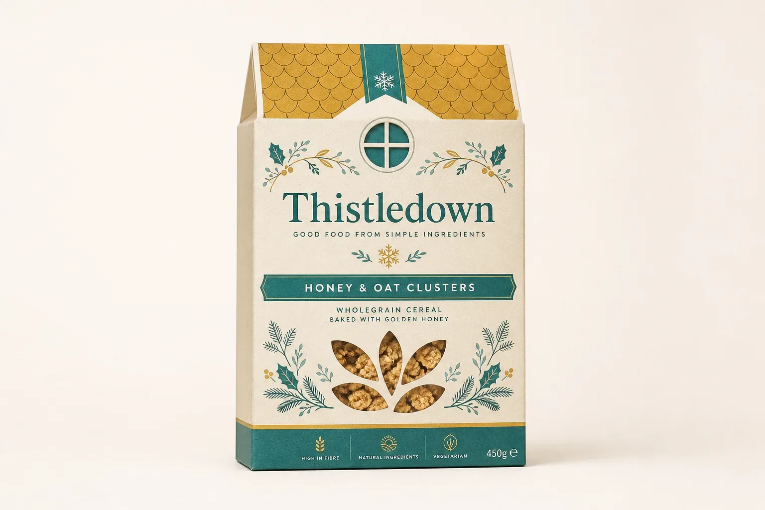 Seasonal die-cut cereal box with a roofline top