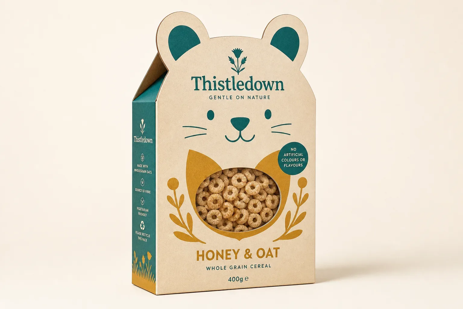 Kids cereal carton with a shaped header