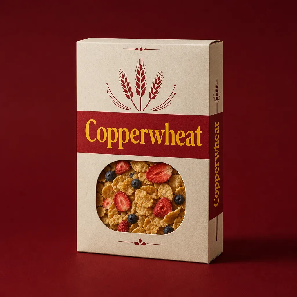 Fruit cereal carton with a window on a deep burgundy background