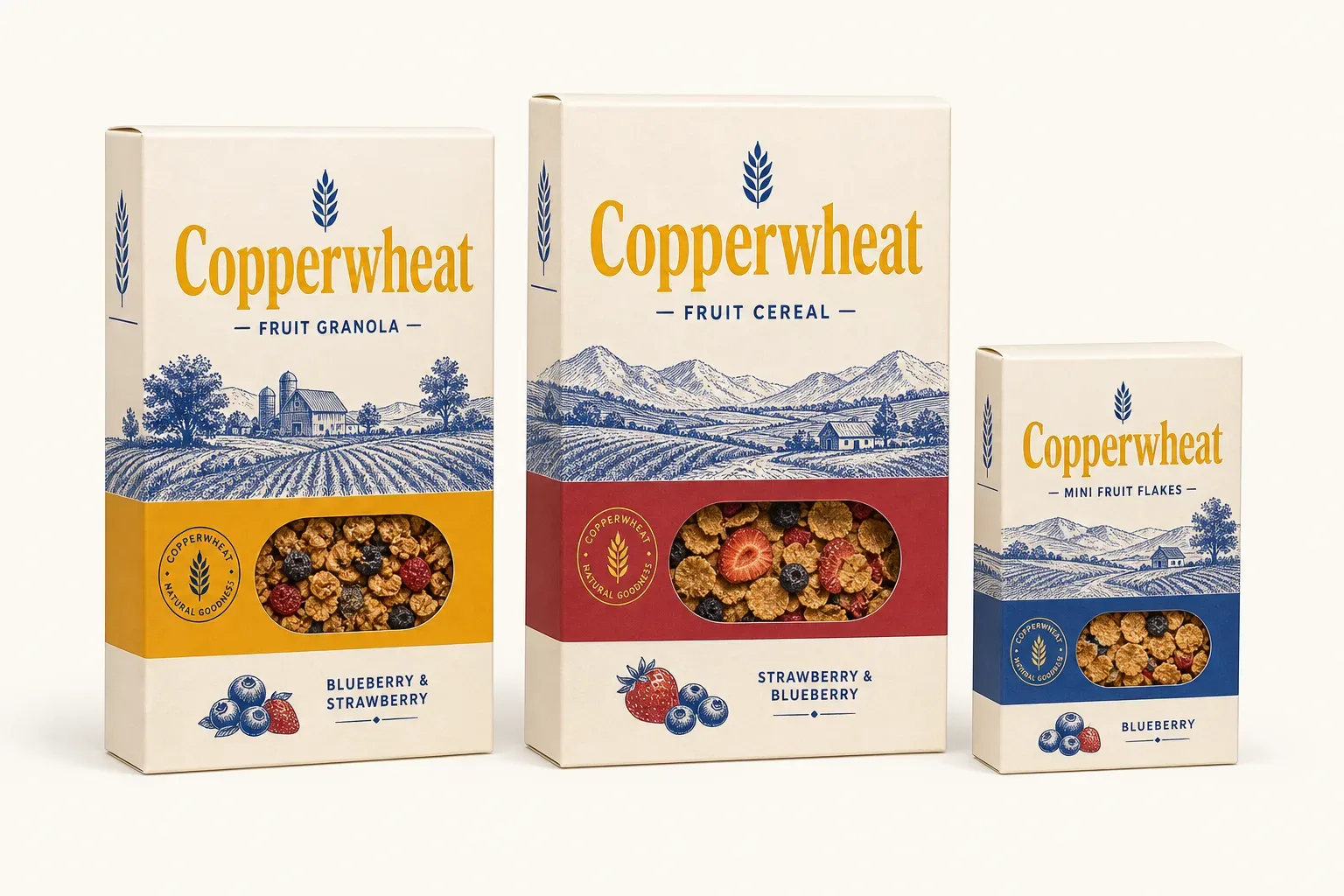 Fruit cereal boxes — cream and berry carton with a window beside a fruit granola carton and a mini carton