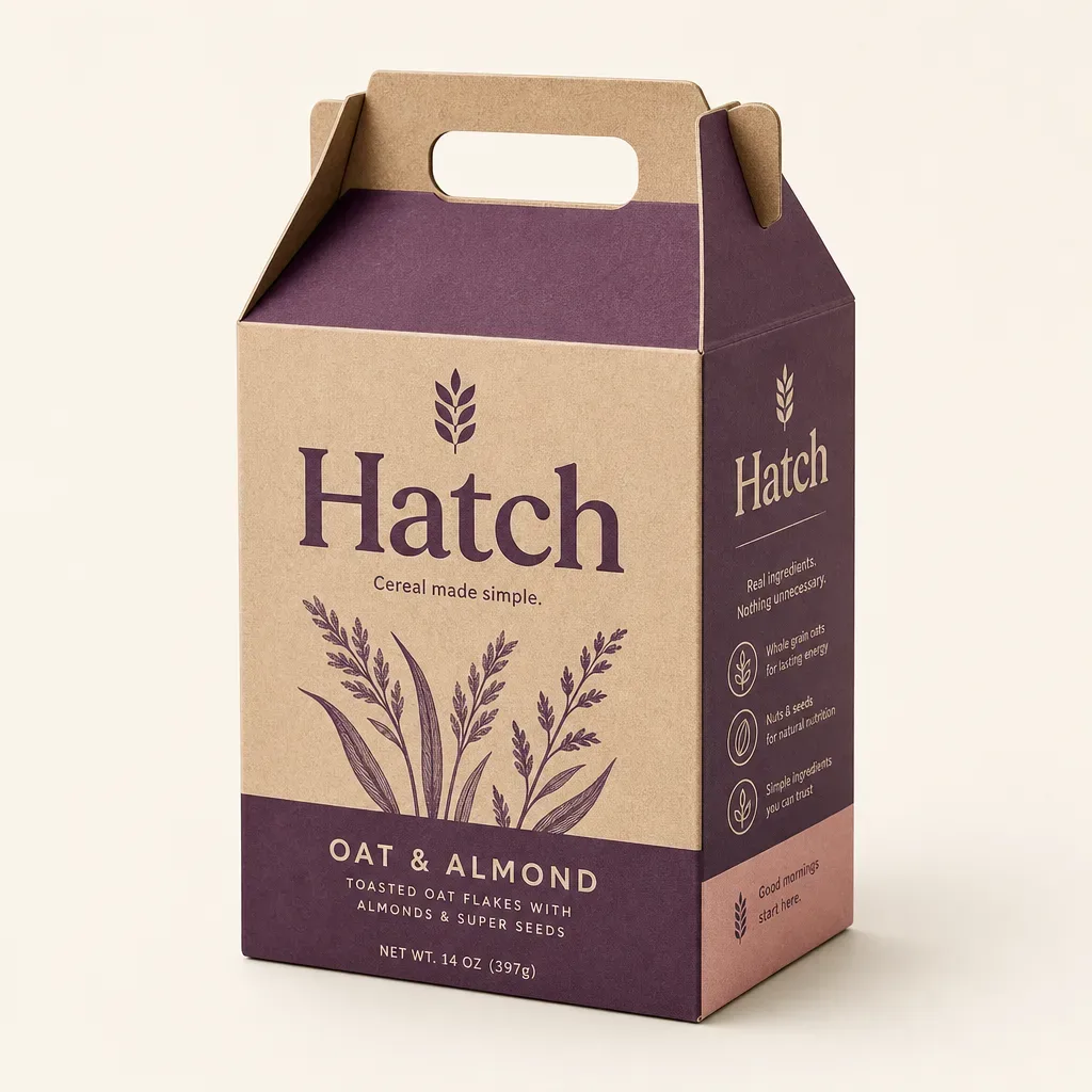 Gable cereal boxes — kraft carton with carry handle, three-quarter view