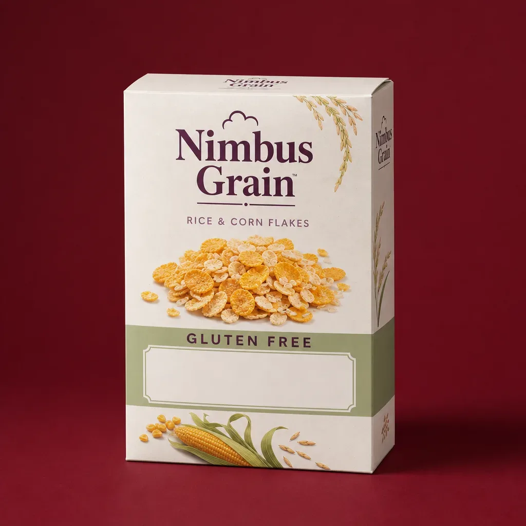 Gluten-free cereal carton on a deep burgundy background