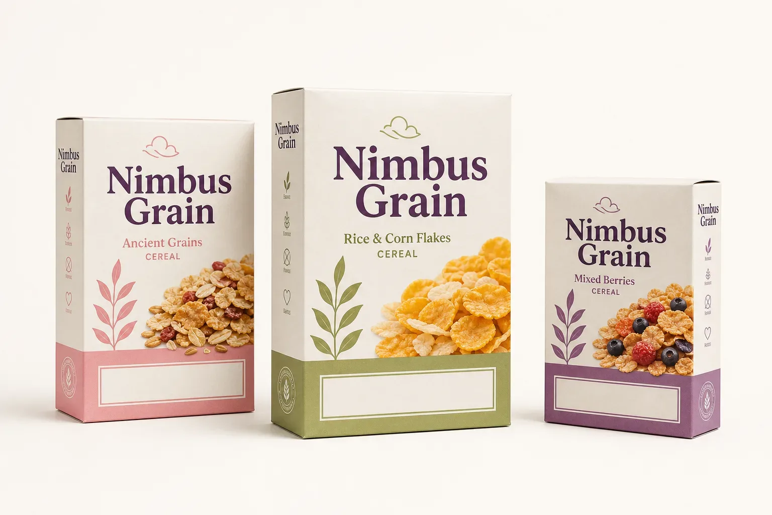 Gluten-free cereal boxes — white and green carton beside a regular carton and a portion carton