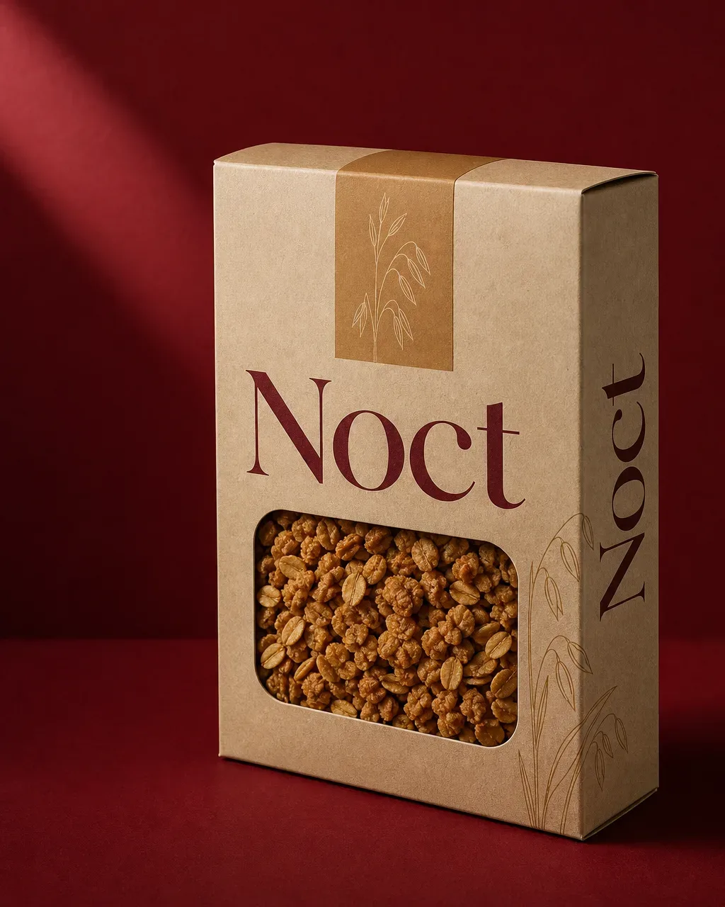 Kraft granola carton on a deep burgundy background