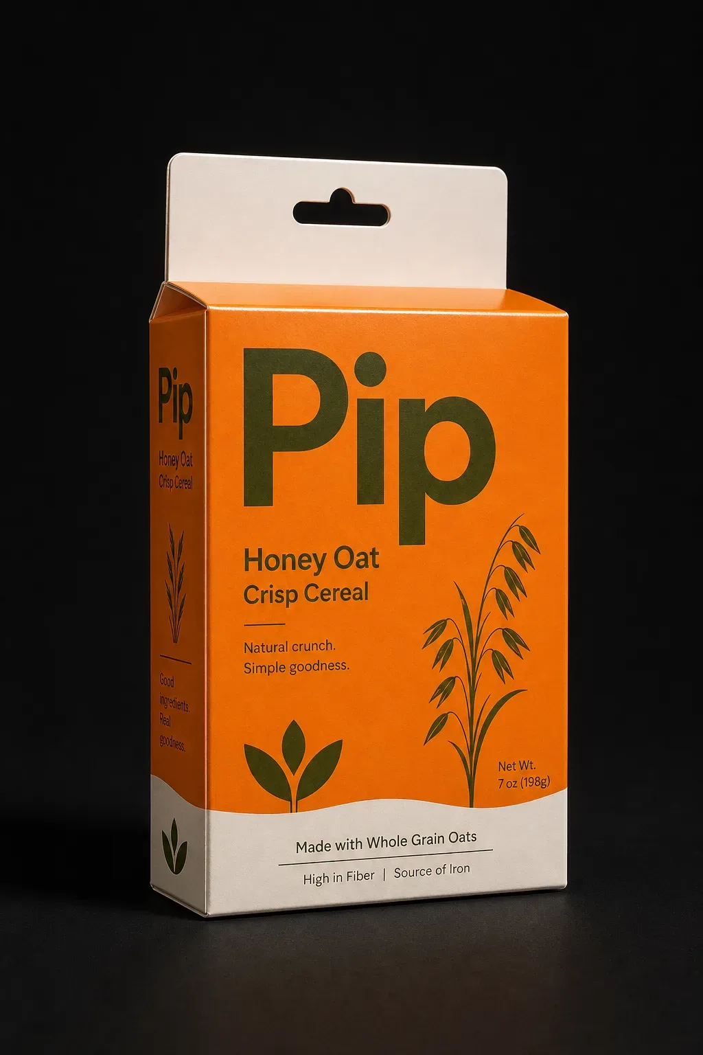 Euro slot carton for cereal lit on a dark studio background