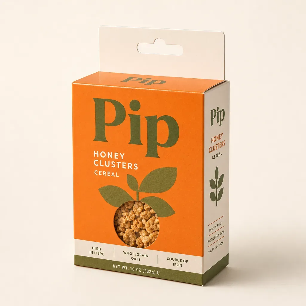 Hang tab cereal boxes — small carton with a euro-slot header, three-quarter view