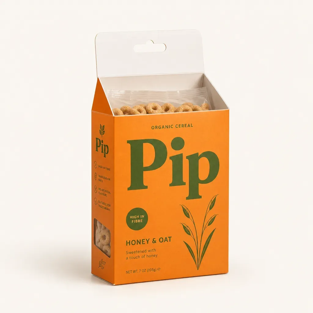Open hang-tab cereal carton with a sealed inner bag