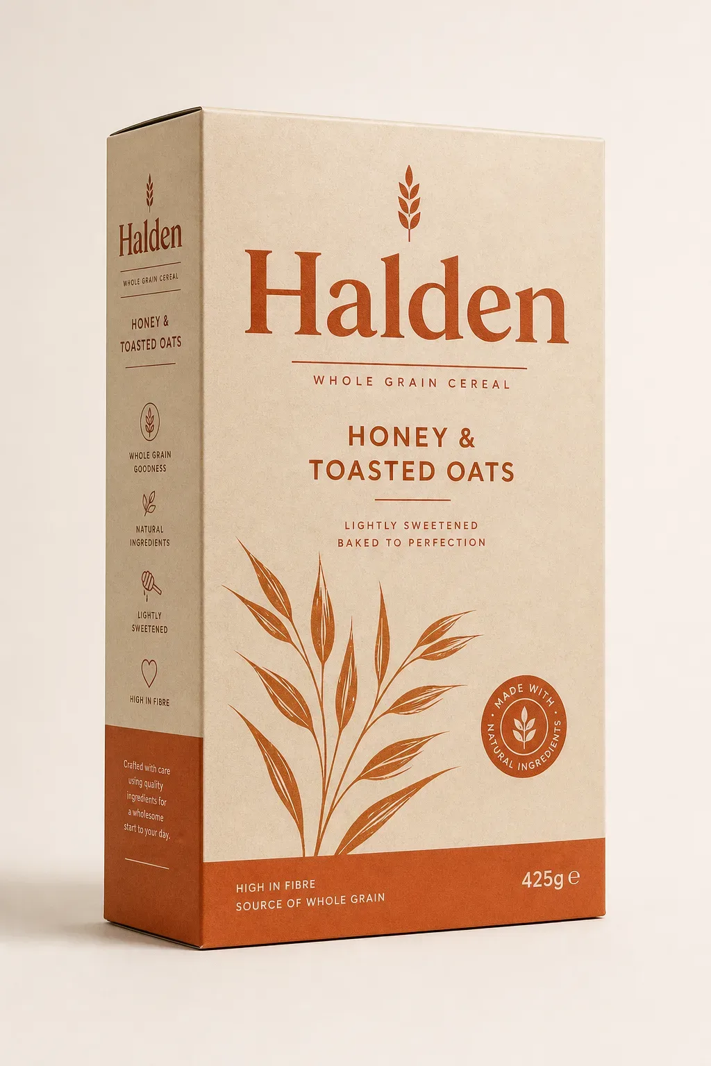 Side profile of a custom cereal carton showing board edge and fold