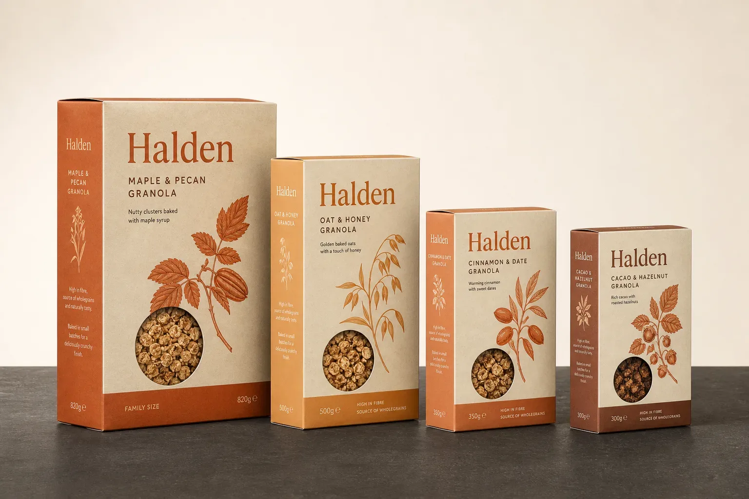 Group of custom printed cereal boxes on a dark surface