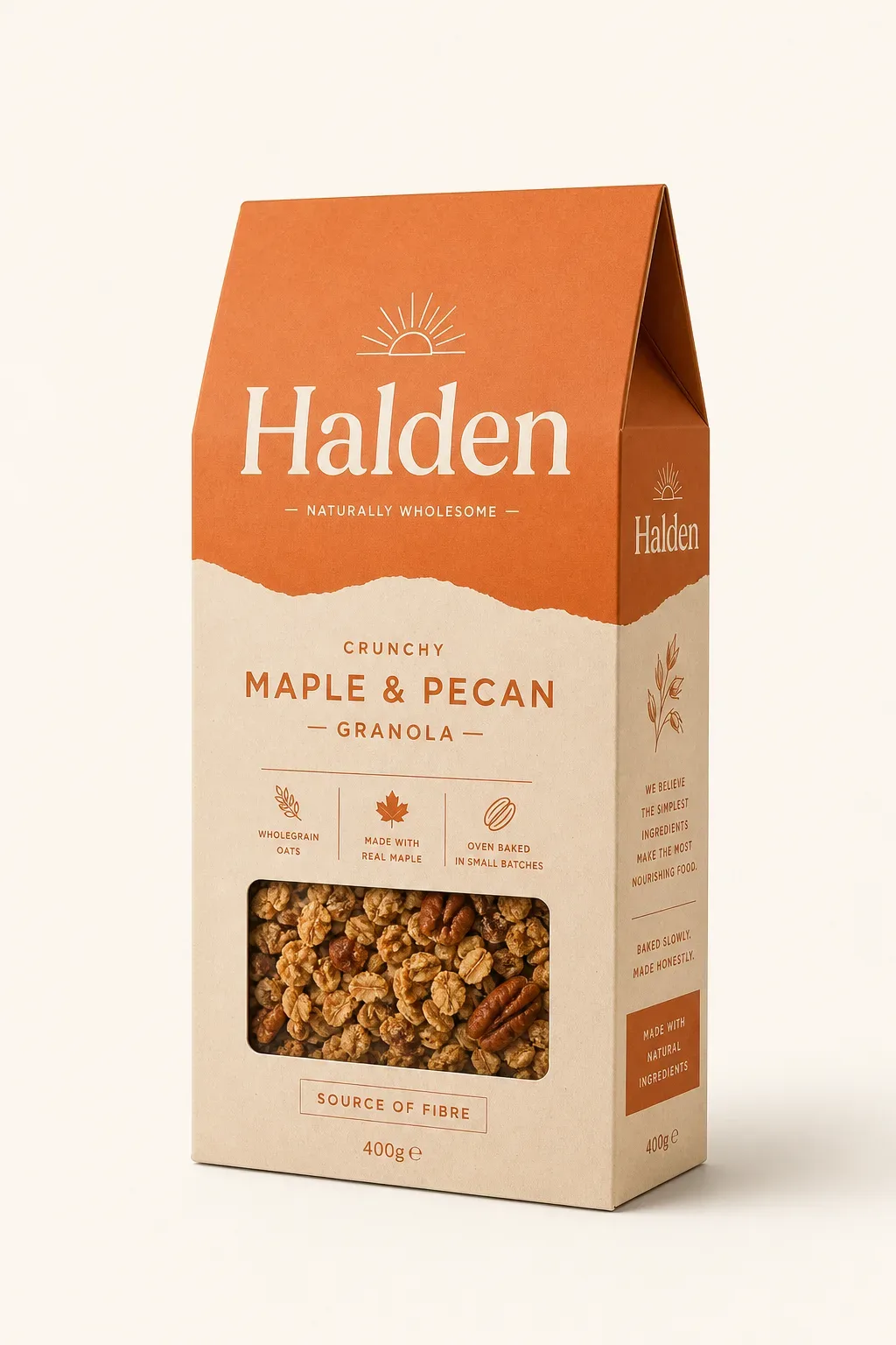 Window cereal box showing granola through the film
