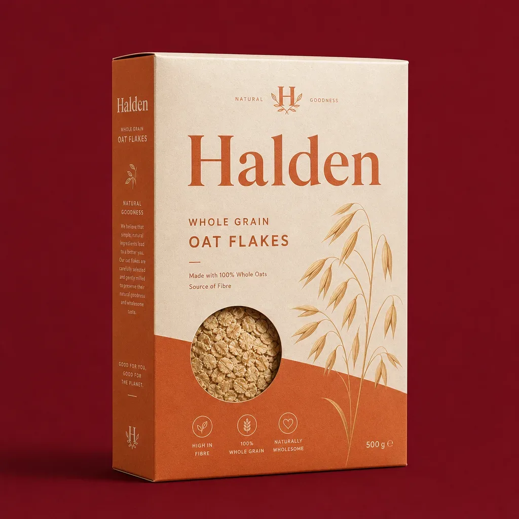 Custom cereal carton on a deep burgundy background