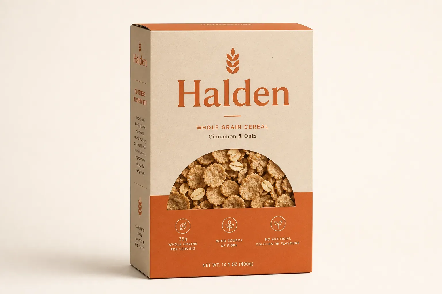 Spot UV finish on a cereal carton, macro