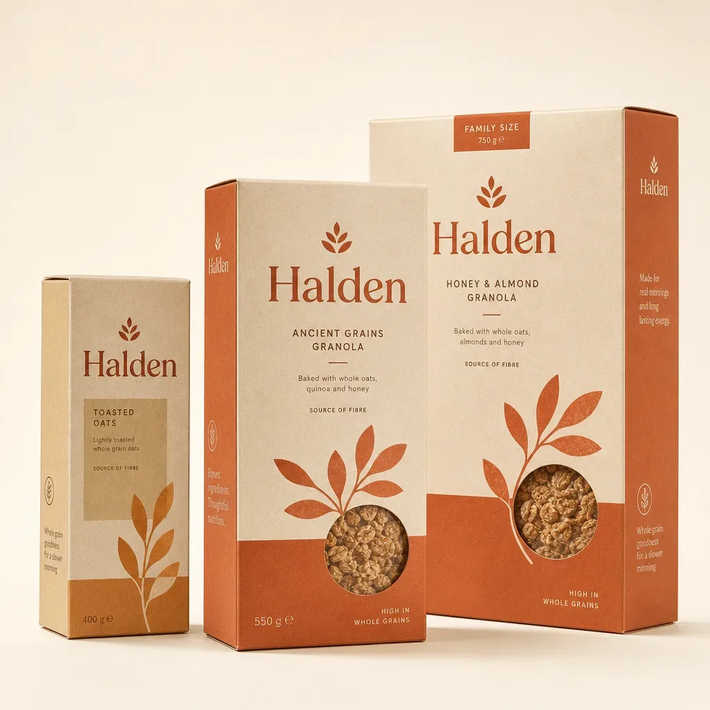 Custom printed cereal boxes in three formats on an ivory studio background
