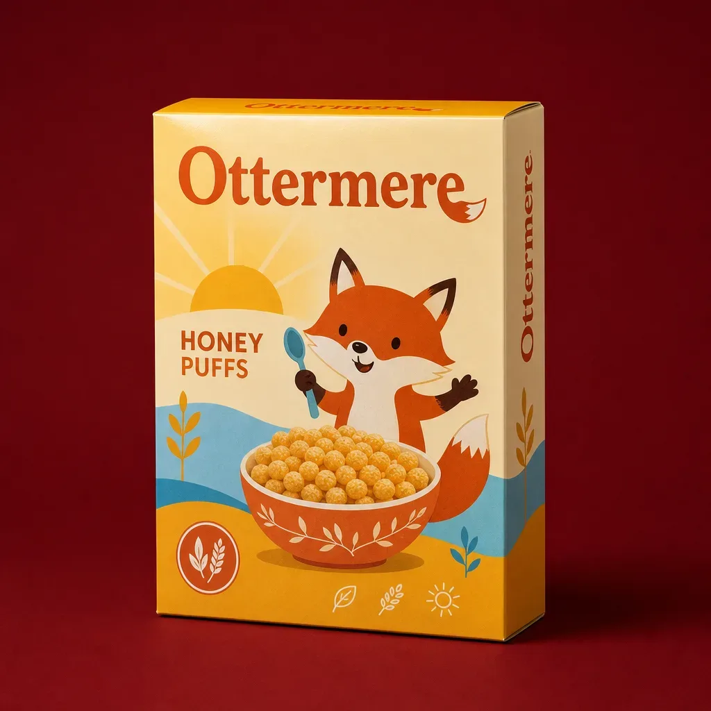 Bright children's cereal carton on a deep burgundy background