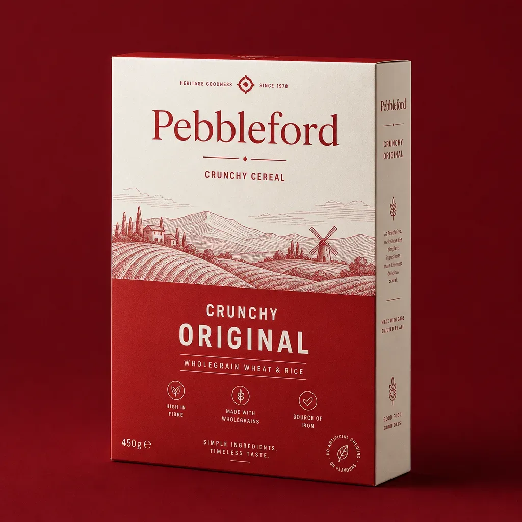 Custom cereal carton on a deep burgundy background