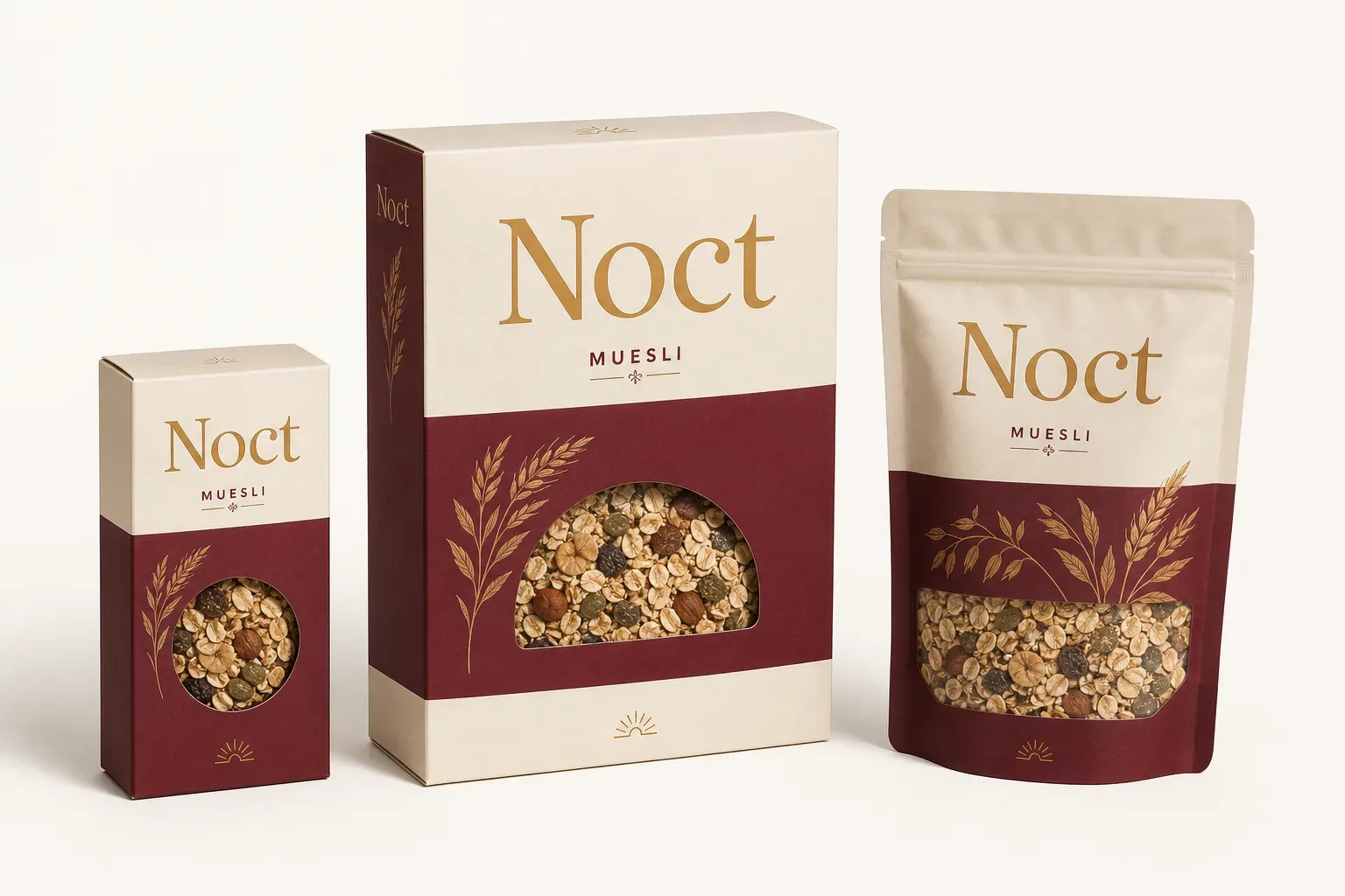 Muesli boxes — cream carton with a window showing the mix, beside a portion carton and a refill pouch