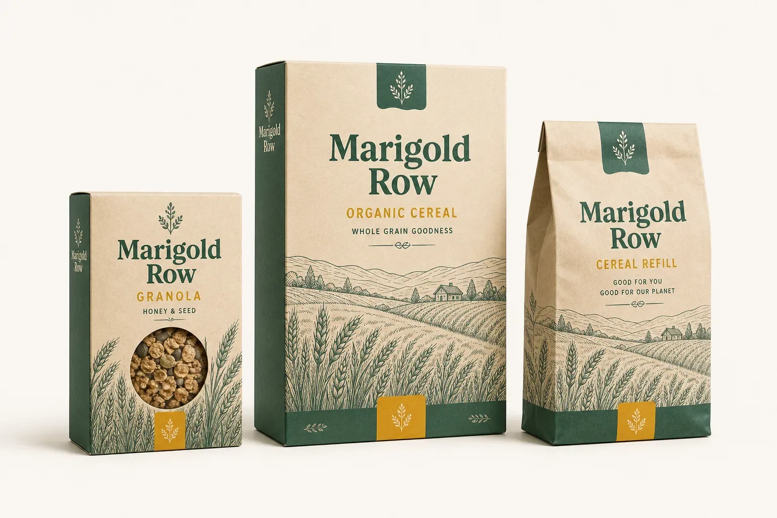 Organic cereal boxes — kraft carton beside a smaller carton and a paper refill bag