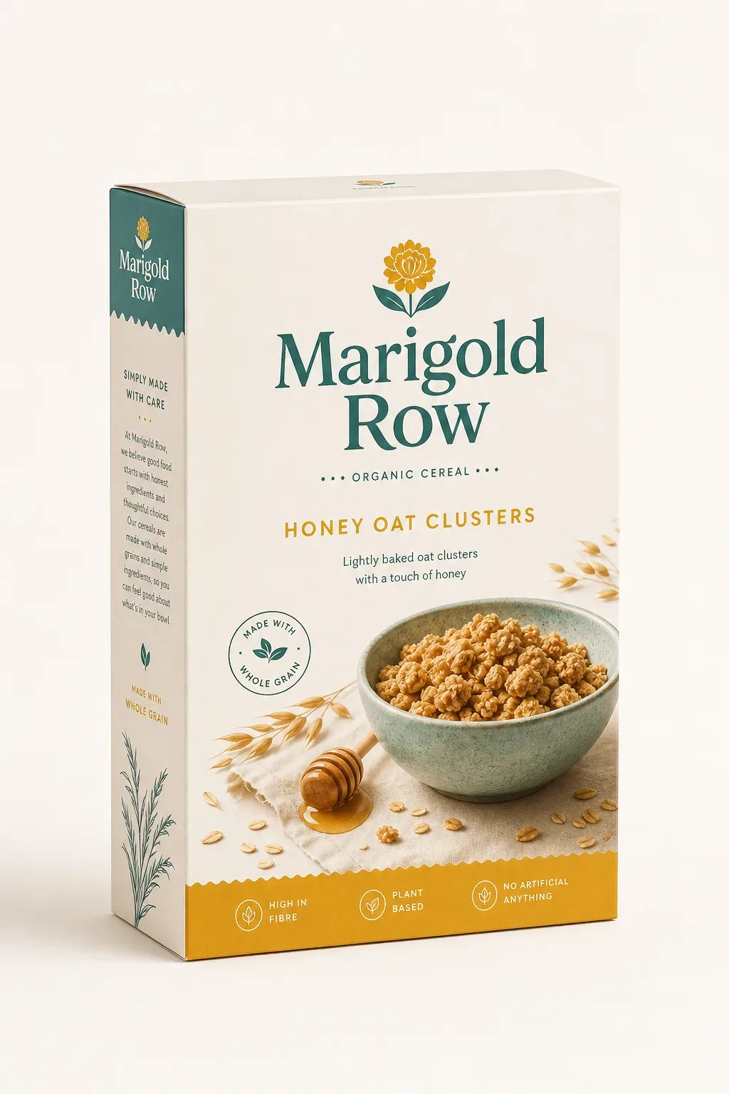 Refined white organic cereal carton