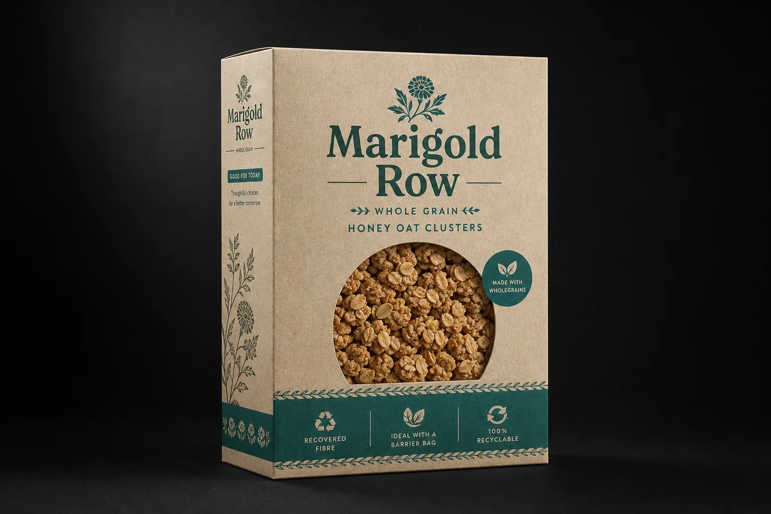 Recycled-fibre carton for organic cereal boxes