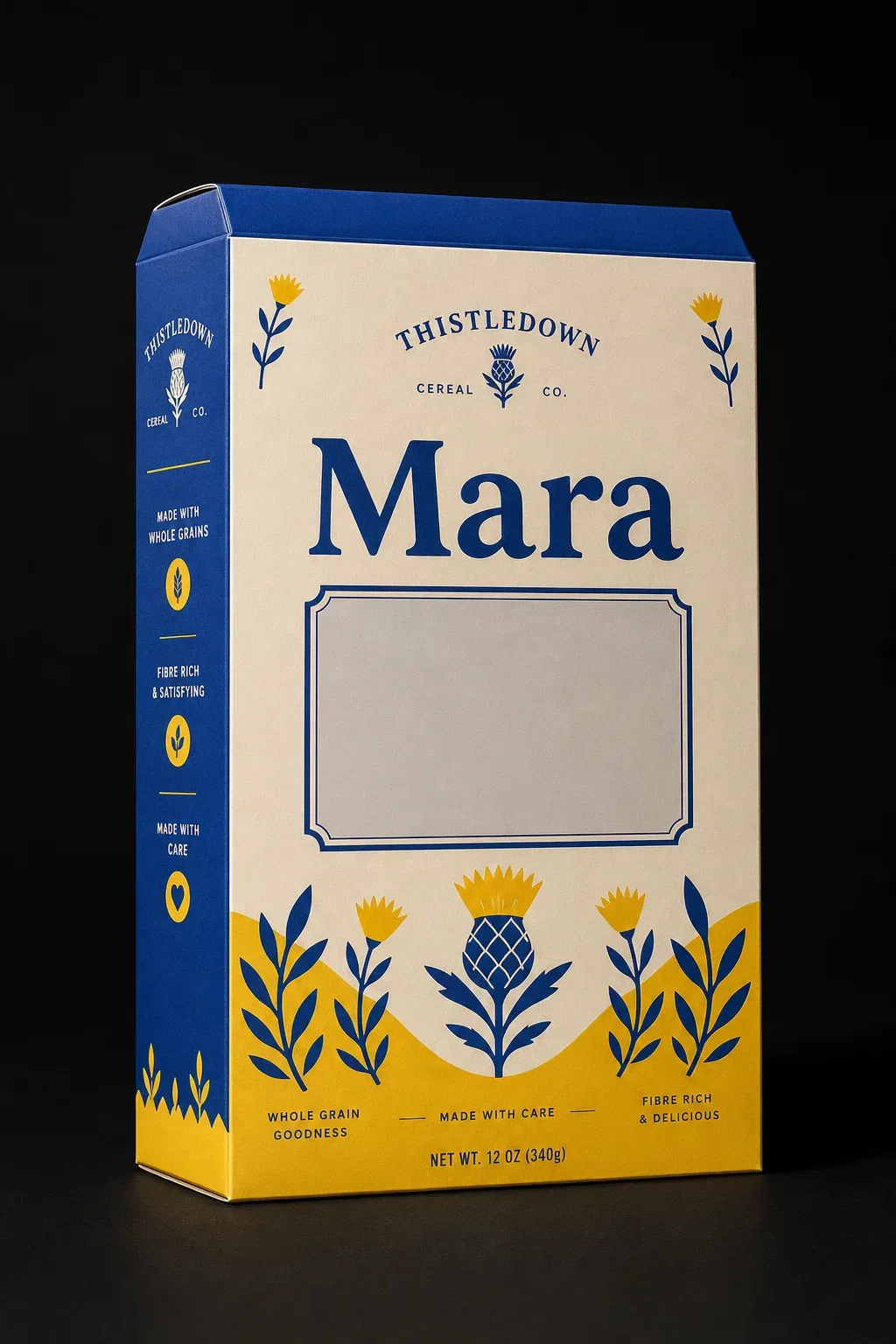 Photo cereal box with a name panel on a dark studio background