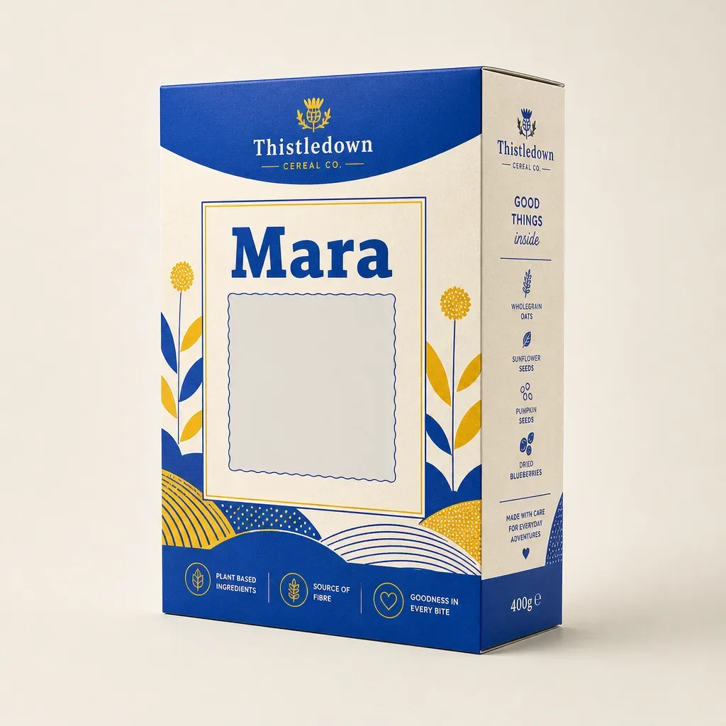 Personalized cereal boxes — digitally printed carton with a name panel, three-quarter view