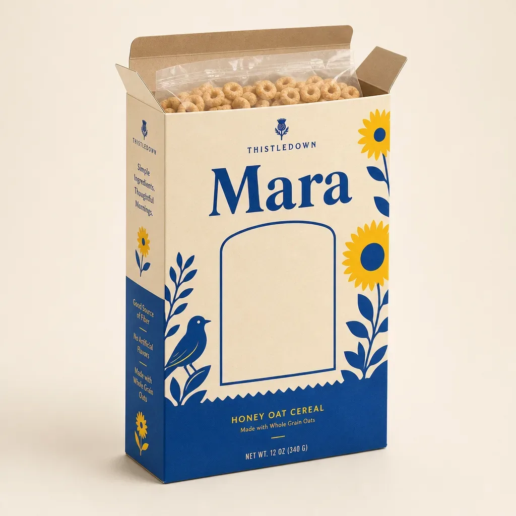 Open personalized cereal carton with an inner bag