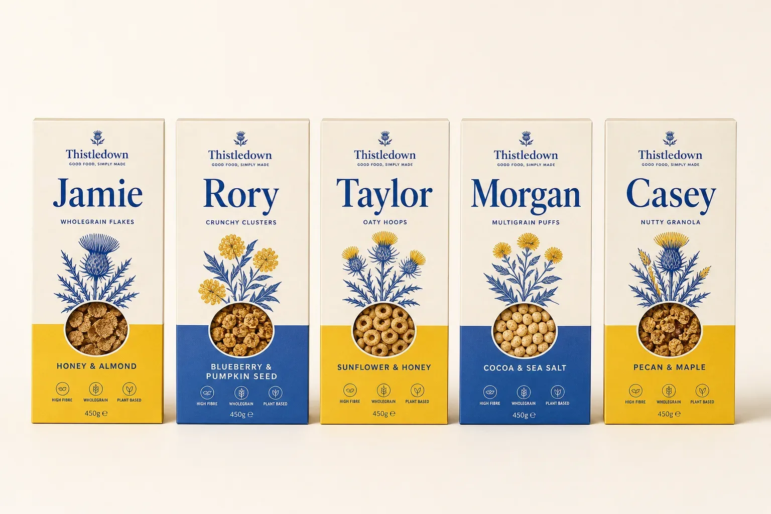 Row of cereal cartons each personalized with a different name