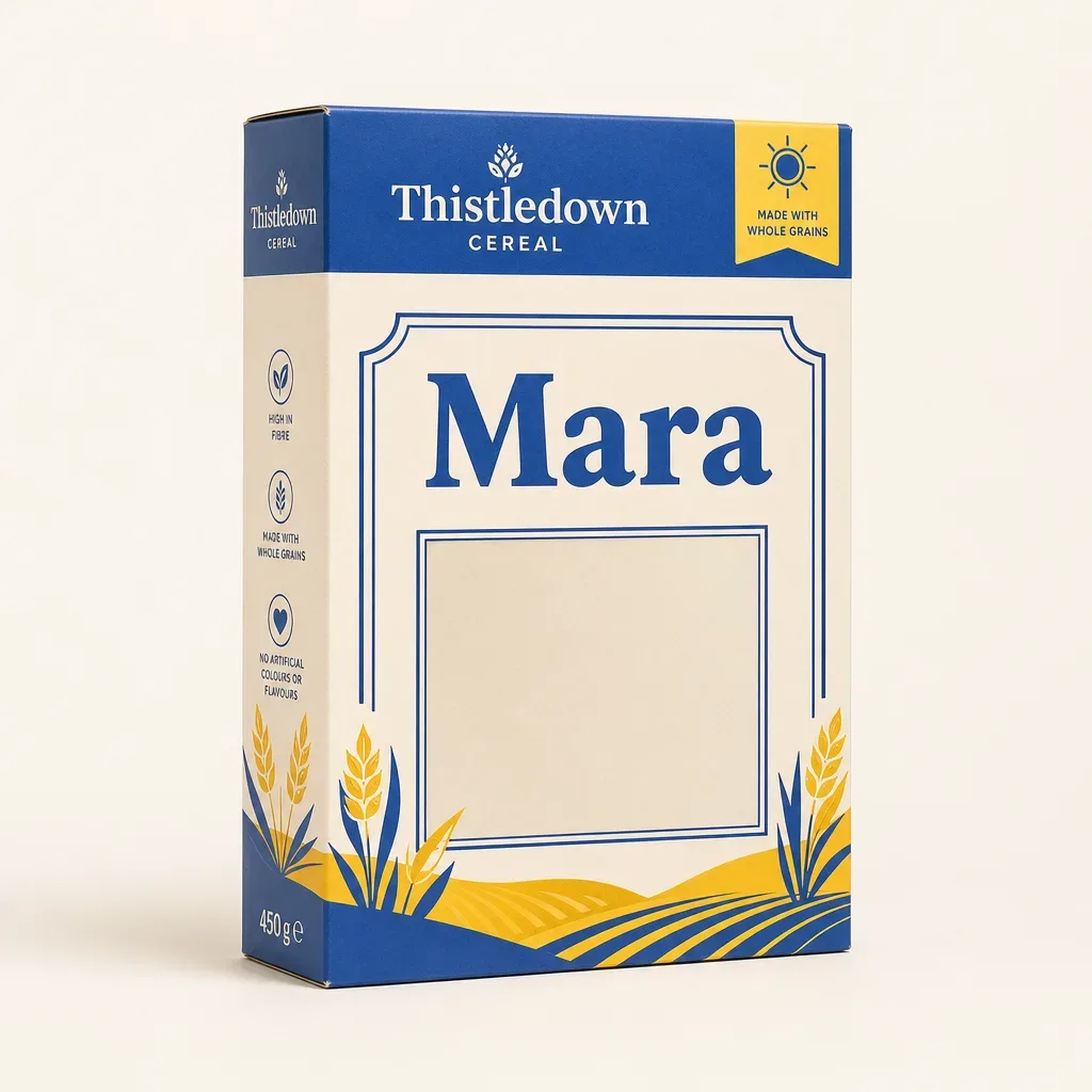 Macro of the printed name on custom name cereal boxes